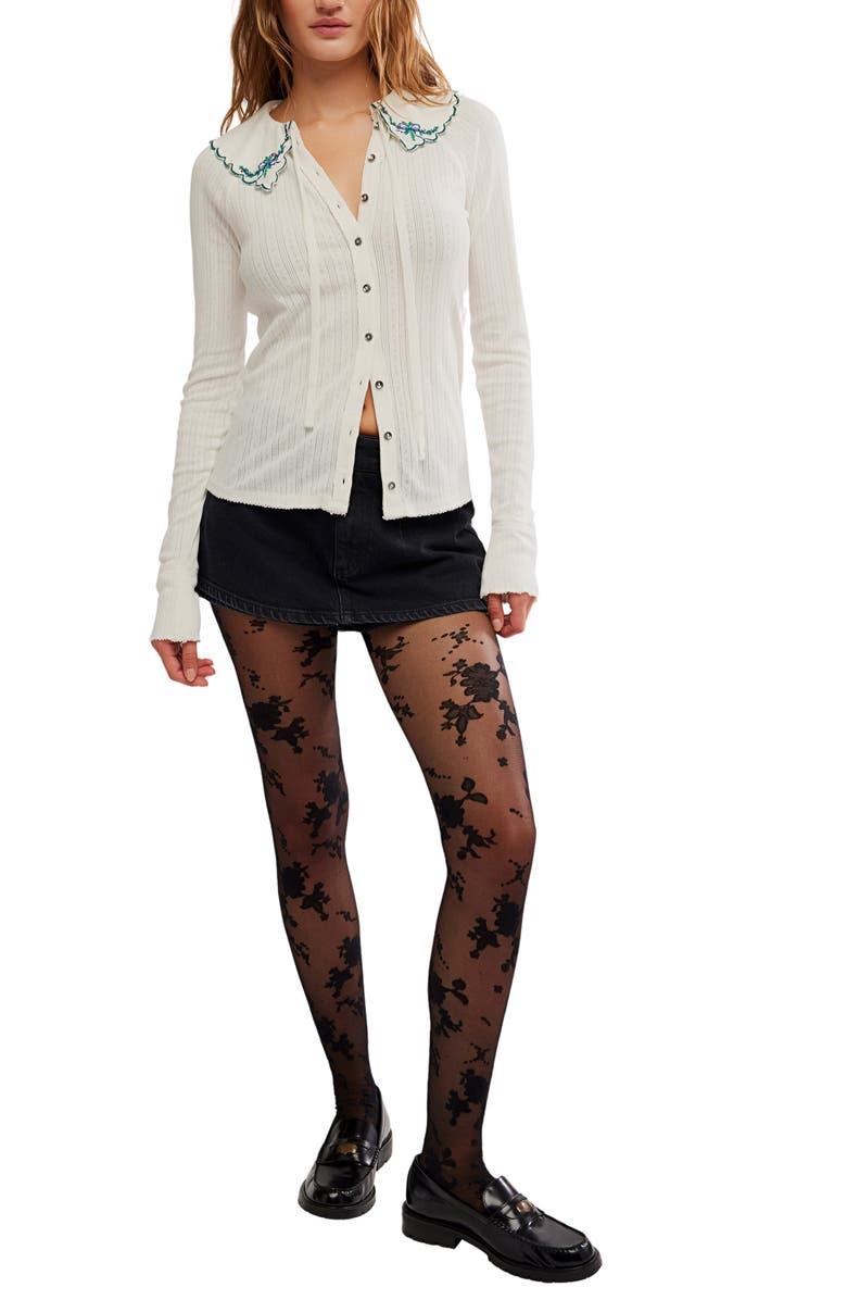 Free People Juniper Embroidered Pointelle Cotton Button-Up Top, Alternate, color, Ivory