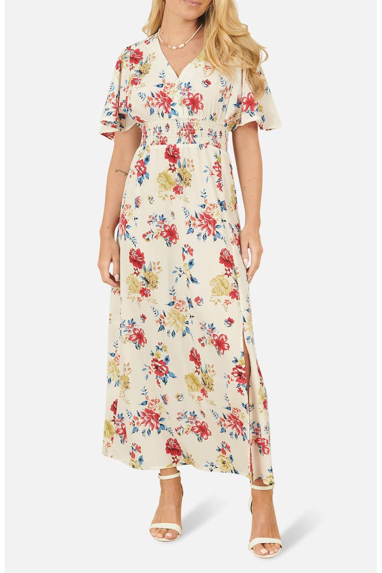 Ruched Waist V-Neck Midi Dress, Alternate, color, Ivory