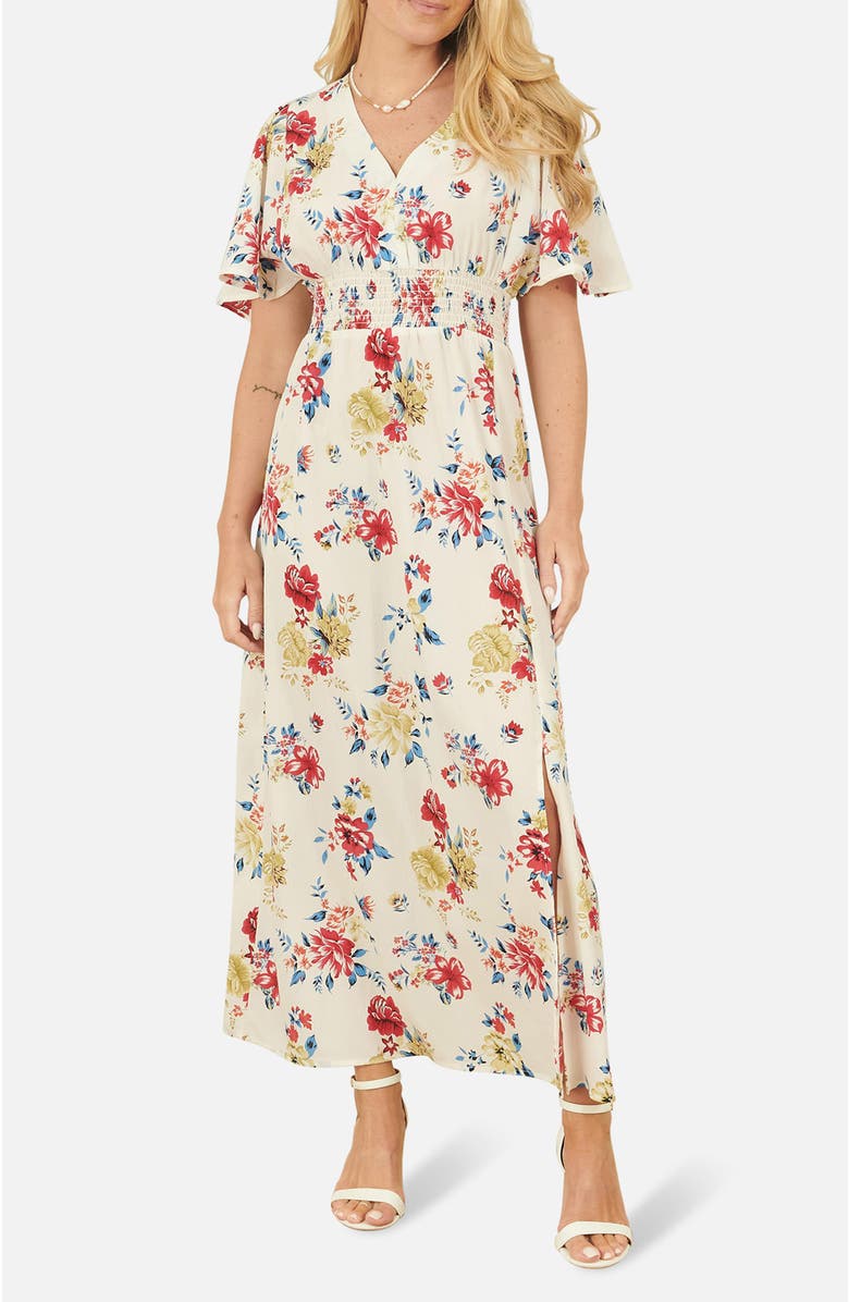 Yumi Ruched Waist V-Neck Midi Dress, Alternate, color, Ivory