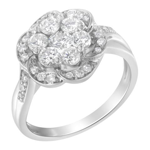 14K White Gold Floral Cluster 1.00 Cttw Diamond Ring