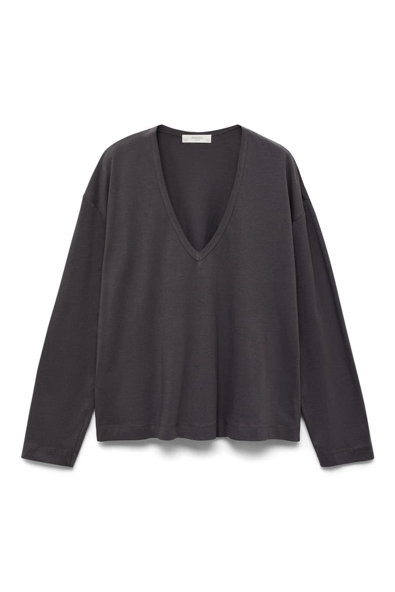 Long Sleeve Cotton V-Neck Pajama Top, Alternate, color, CHARCOAL