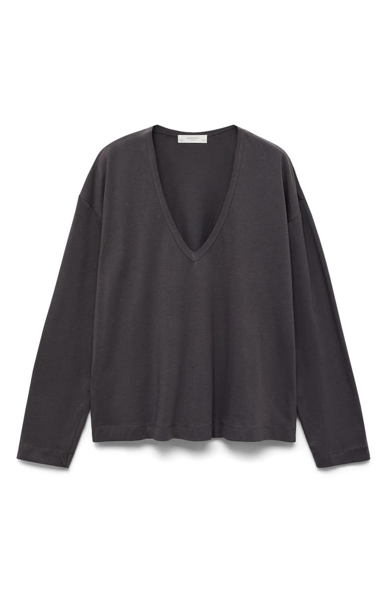 MANGO Long Sleeve Cotton V-Neck Pajama Top, Alternate, color, Charcoal