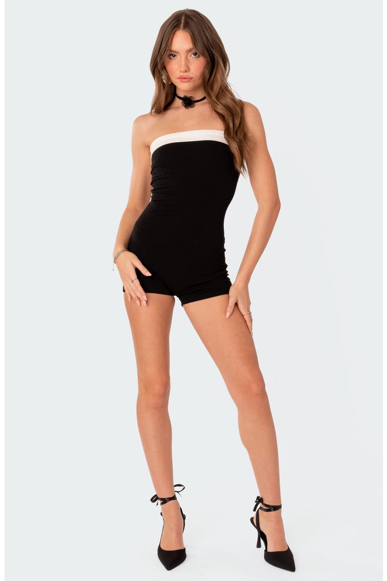 Priyah Contrast Foldover Neck Strapless Romper, Alternate, color, BLACK-AND-WHITE