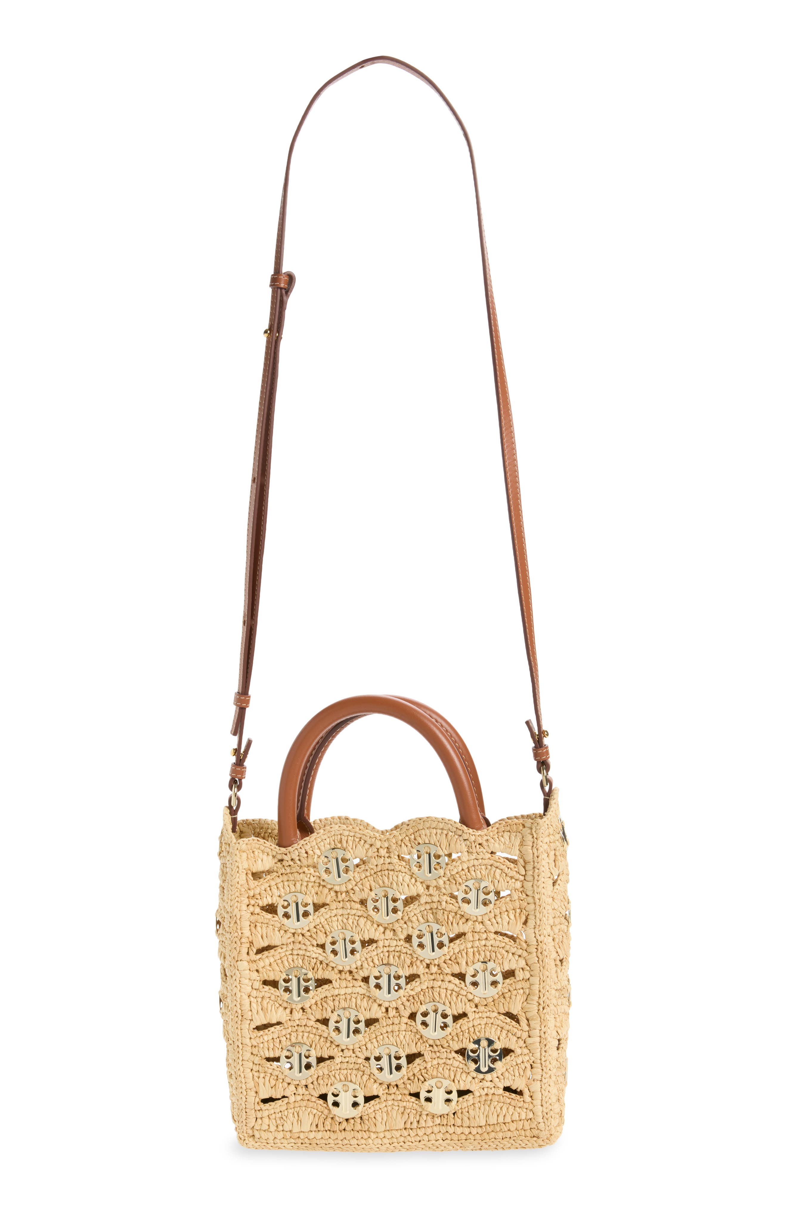 Small Signature 1969 Discs Raffia Tote, Main, color, NATURAL / LIGHT GOLD