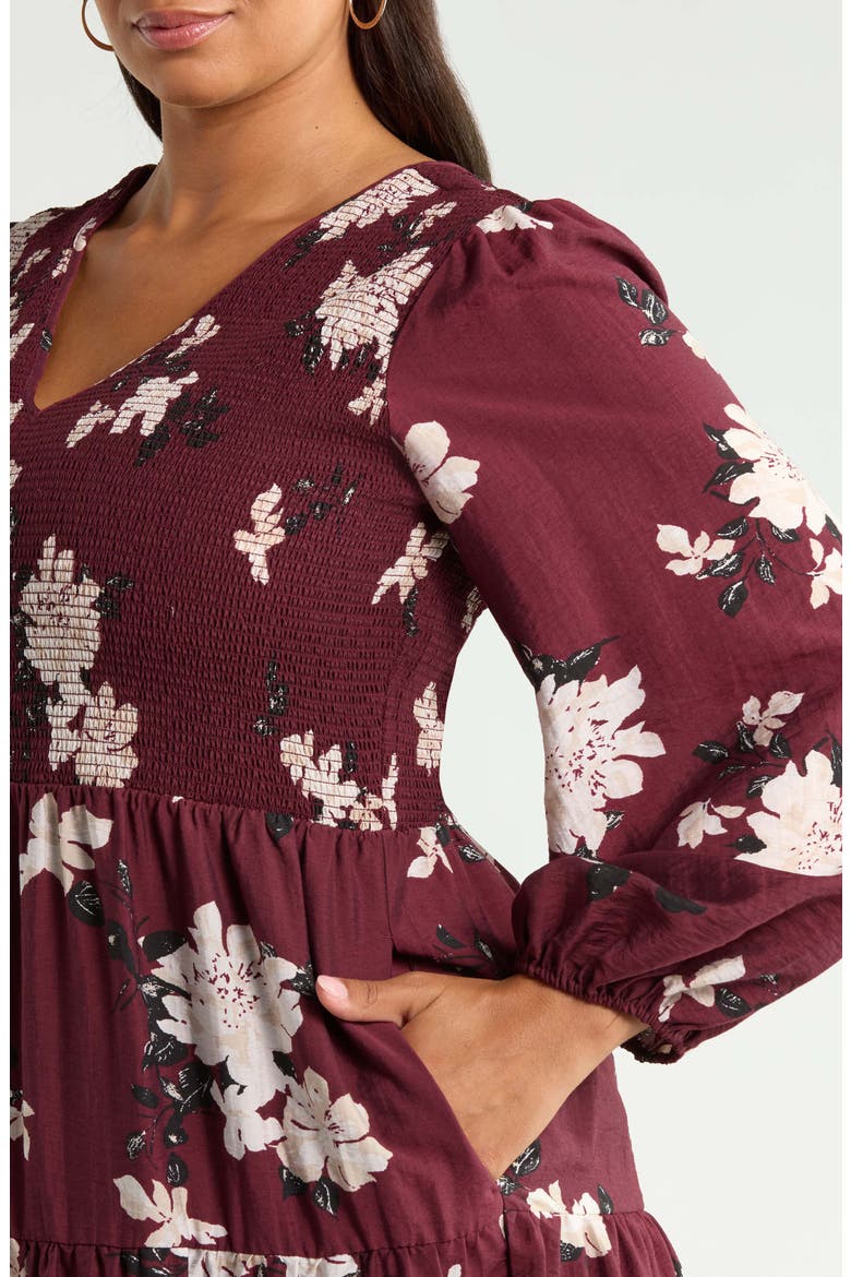 Smocked Midi Dress, Alternate, color, BURG- IVORY ALLI FLORAL