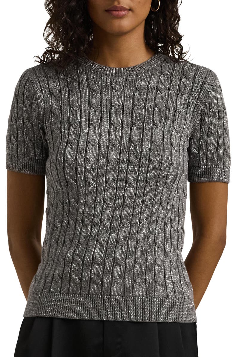 Lauren Ralph Lauren Metallic Cable Stitch Short Sleeve Sweater, Main, color, 