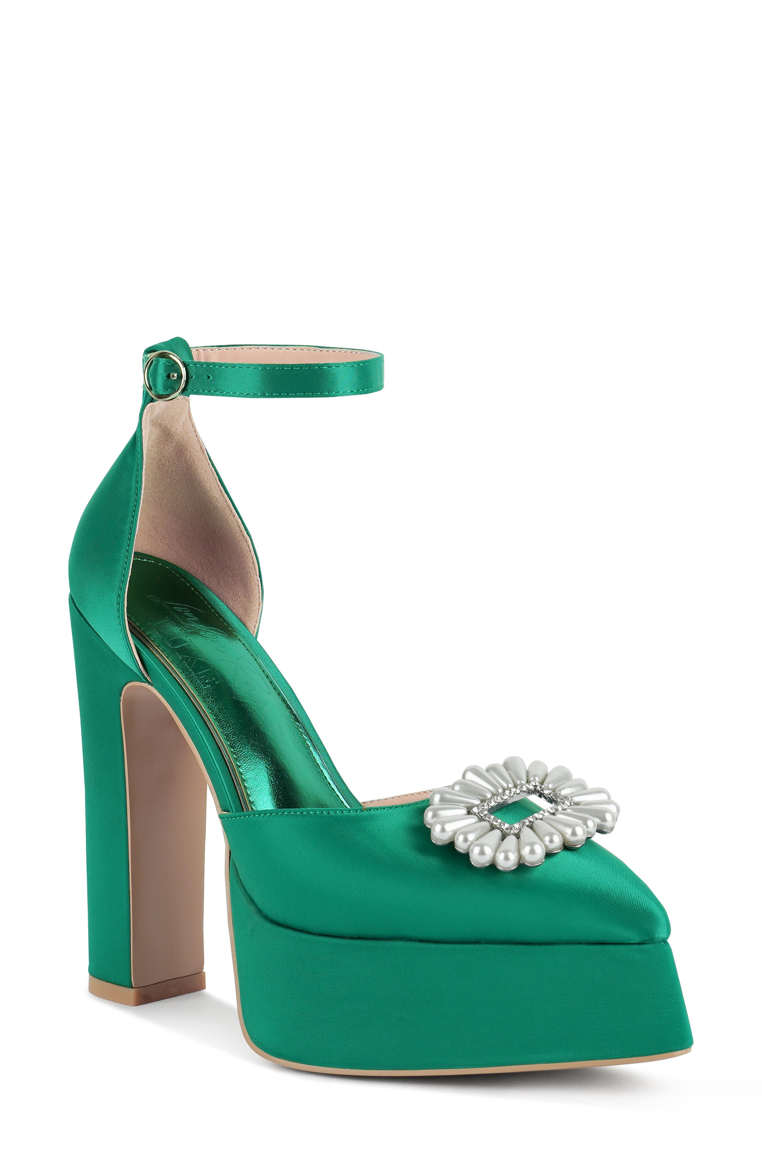Maeissa Pearly Brooch Ankle Strap Platform Pump, Main, color, GREEN