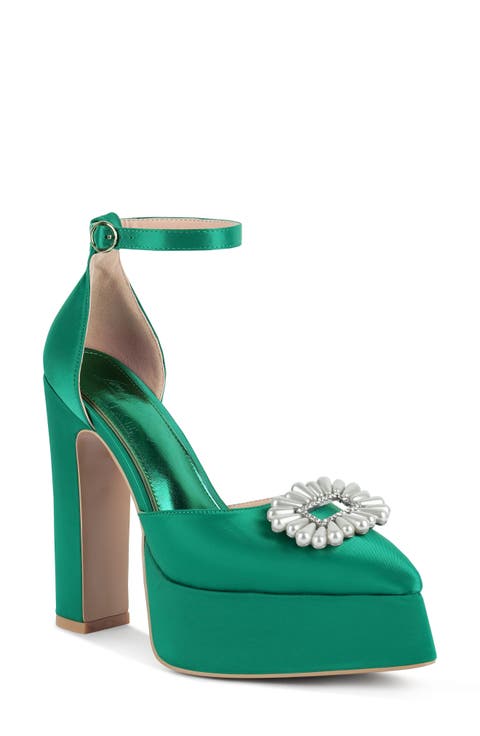 Maeissa Pearly Brooch Ankle Strap Platform Pump (Women)