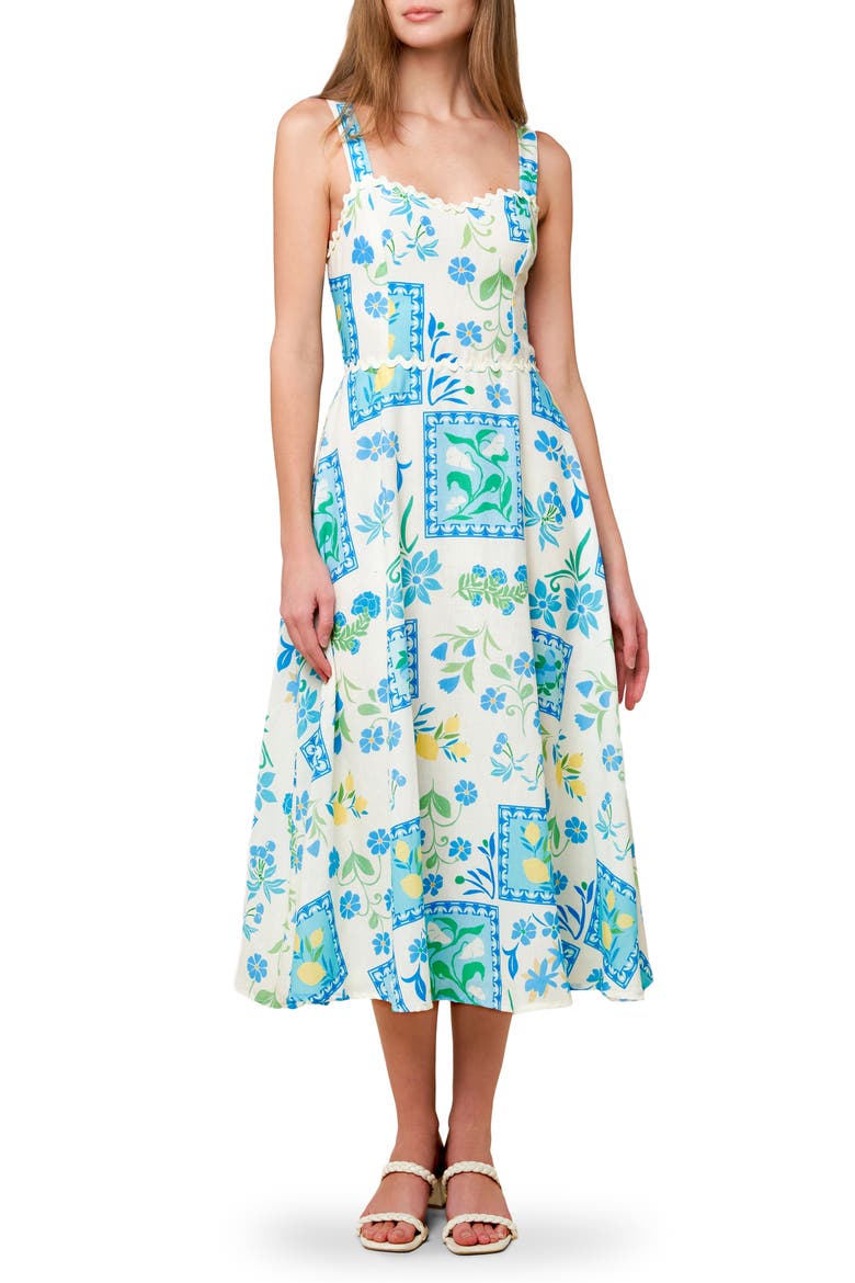 Floral Tie Back Fit & Flare Midi Dress, Main, color, IVORY BLUE
