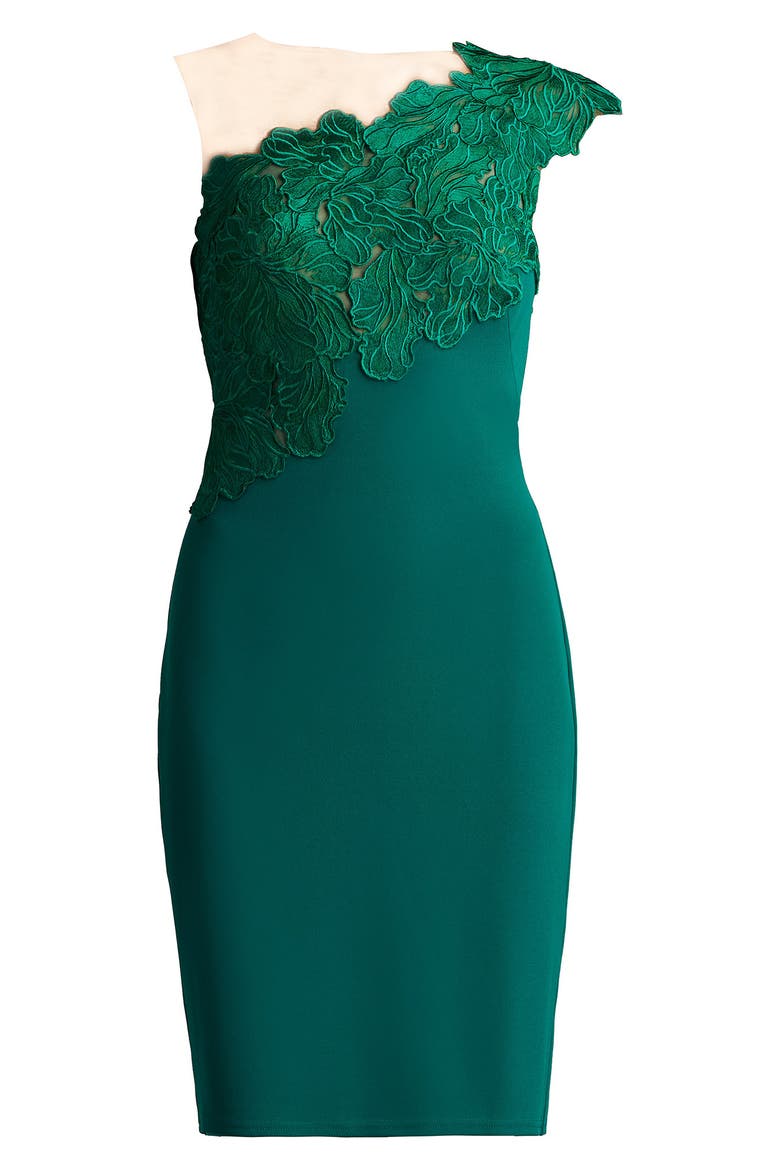 Floral Lace One Shoulder Cocktail Sheath Dress, Alternate, color, EMERALD