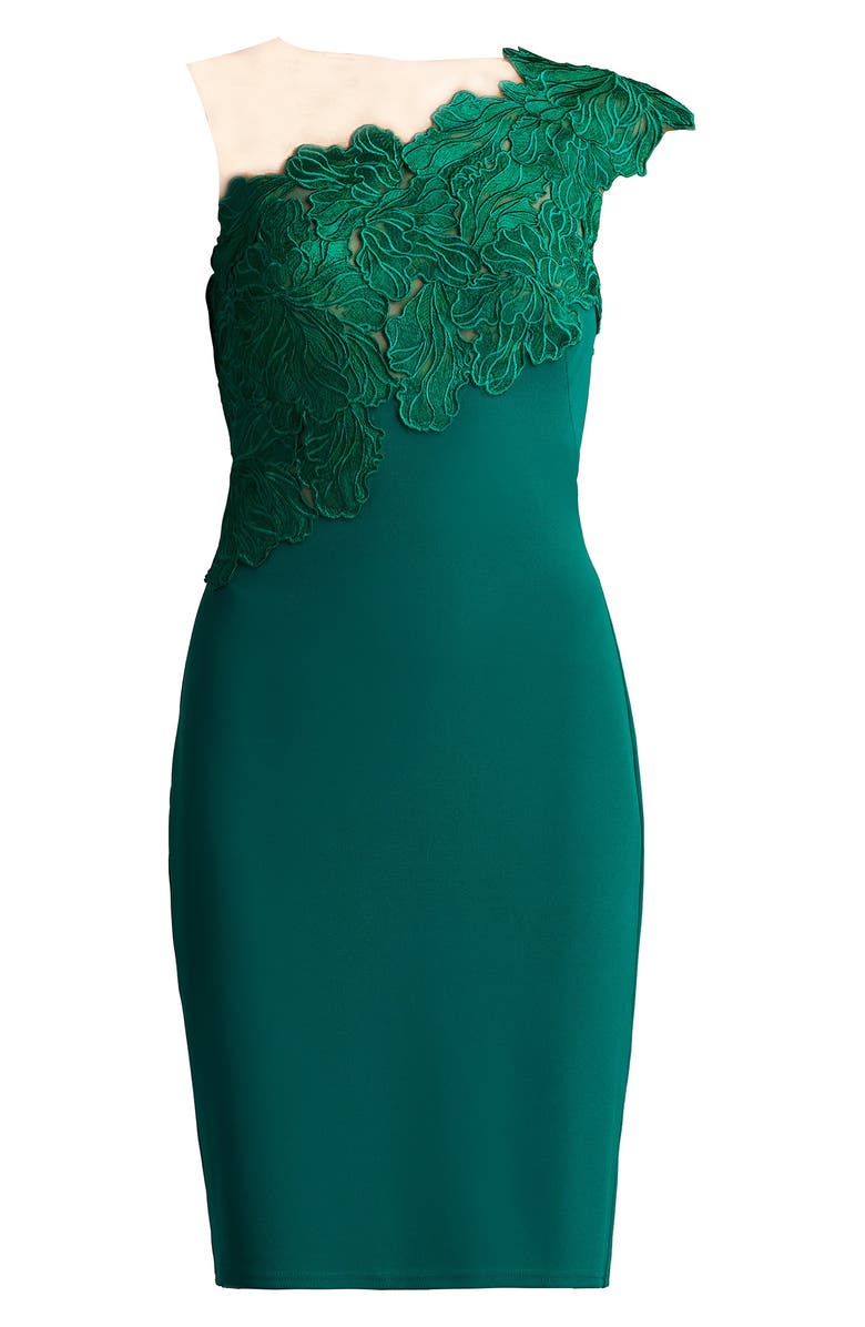 Tadashi Shoji Floral Lace One Shoulder Cocktail Sheath Dress, Alternate, color, Emerald