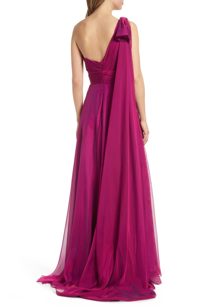One Shoulder Pleated Chiffon Gown with Draped Waist and High Slit, Alternate, color, RASPBERRY