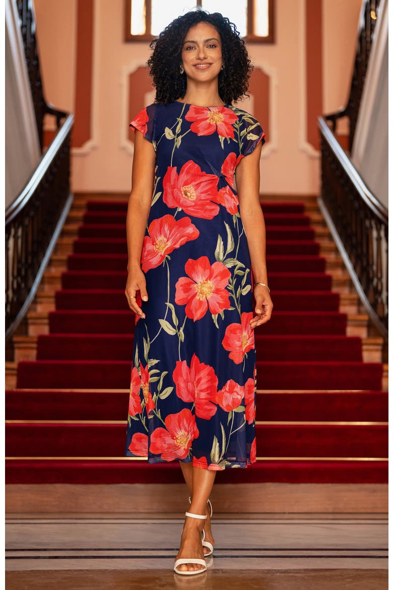 Poppy Print Midi Mesh Dress, Alternate, color, Navy