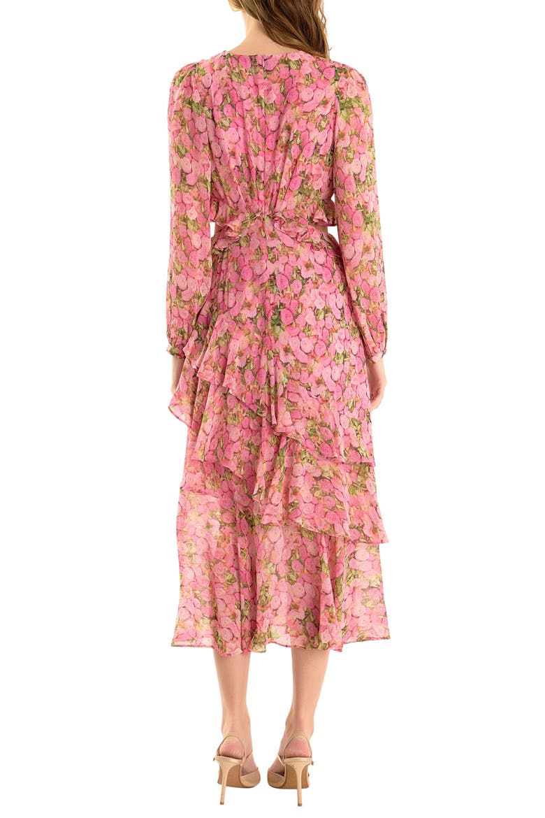 Floral Long Sleeve Waist Cutout Chiffon Dress, Alternate, color, PINK MULTI