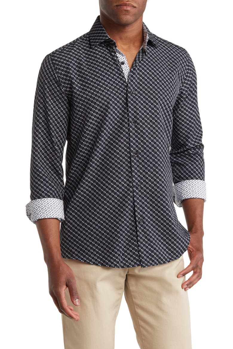 Slim Fit Geometric Print Performance Button-Up Shirt, Main, color, BLACK