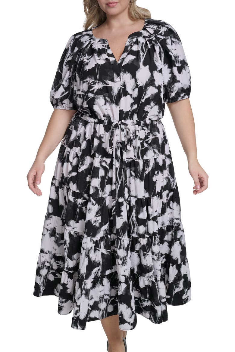 Floral Elbow-Length Sleeve A-Line Midi Dress, Main, color, BLACK/ WHITE
