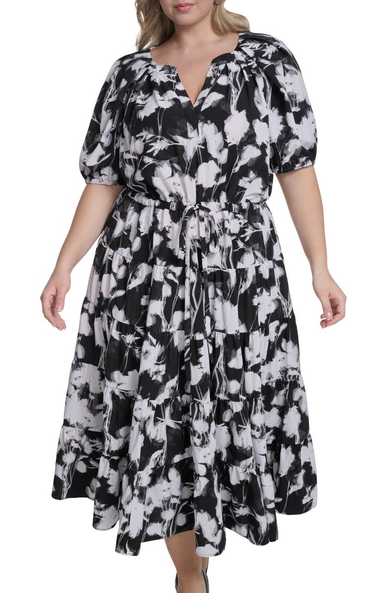 Calvin Klein Floral Elbow-Length Sleeve A-Line Midi Dress, Main, color, Black/ White