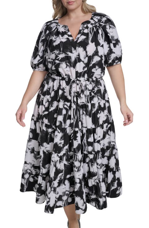 Floral Elbow-Length Sleeve A-Line Midi Dress (Plus)
