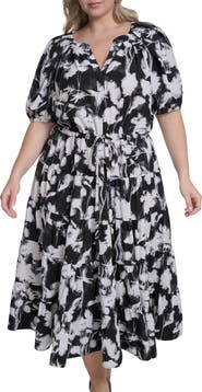 Calvin Klein Floral Elbow-Length Sleeve A-Line Midi Dress
