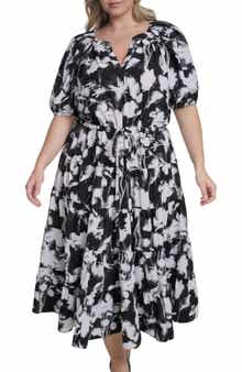 Calvin Klein Floral Elbow-Length Sleeve A-Line Midi Dress