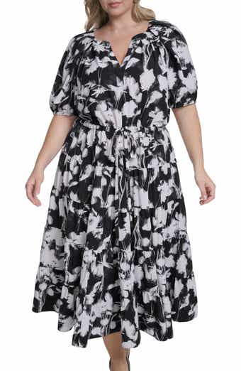Calvin Klein Floral Elbow-Length Sleeve A-Line Midi Dress