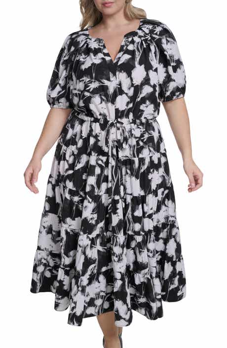 Calvin Klein Floral Elbow-Length Sleeve A-Line Midi Dress