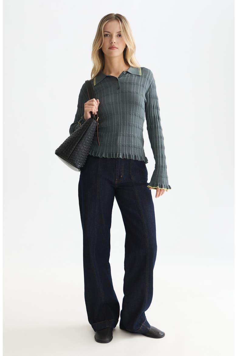 Ripple Stitch Polo Sweater, Alternate, color, BALSAM GREEN