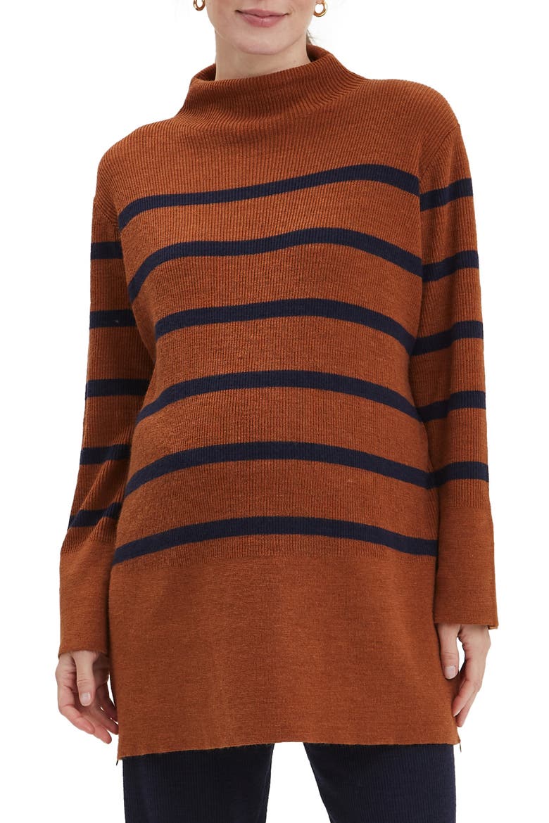 Sarabeth Maternity & Nursing Mock Neck Sweater, Main, color, BROWN NAVY STRIPE