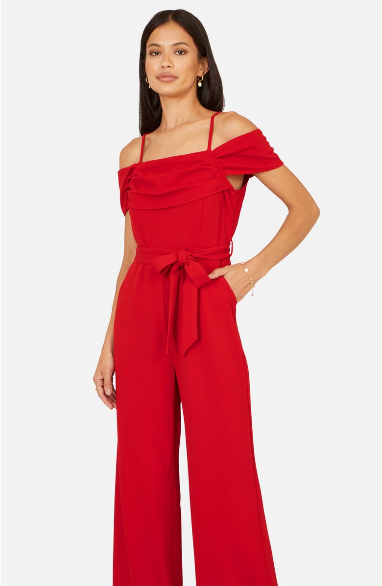 Yumi Draped Bardot Wide-Leg Self-Tie Jumpsuit, Alternate, color, Red