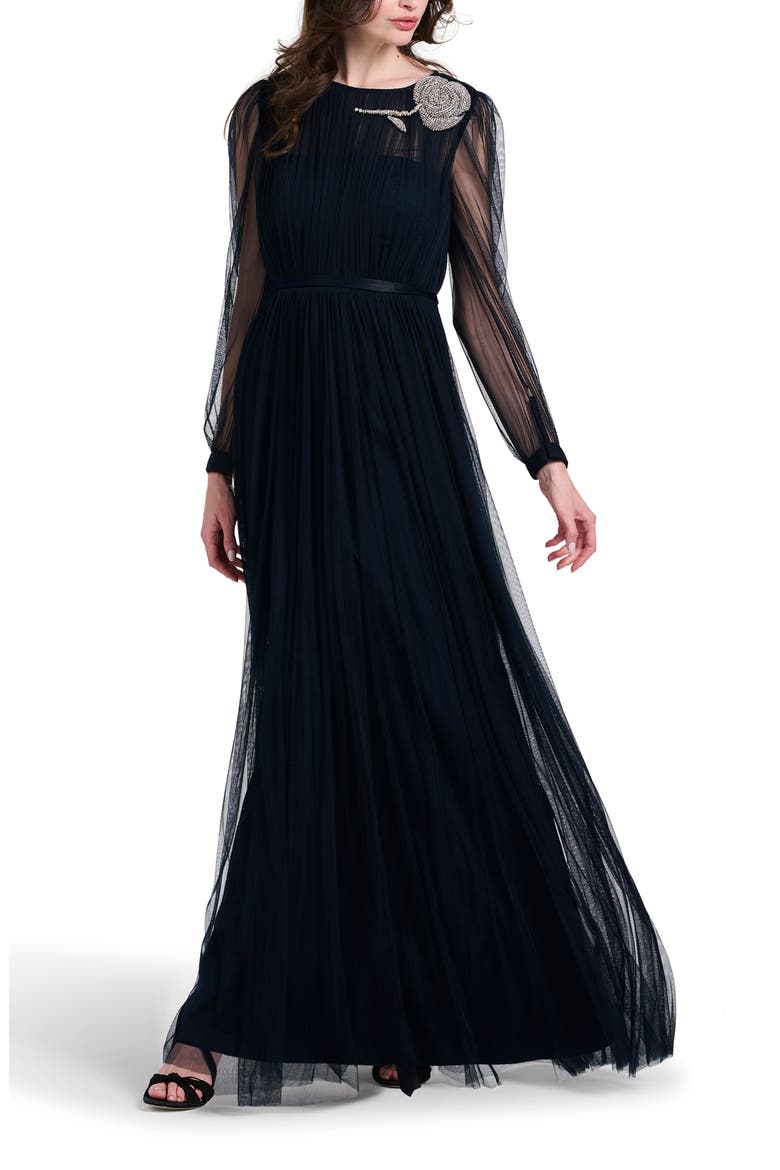 Long Sleeve Floral Appliqué Spanish Tulle Gown, Alternate, color, NAVY