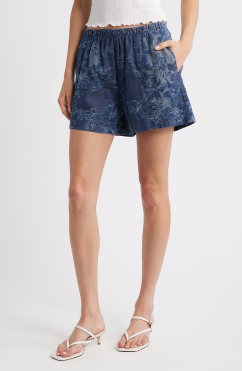 Floral Jacquard Pull-On Lighweight Denim Shorts