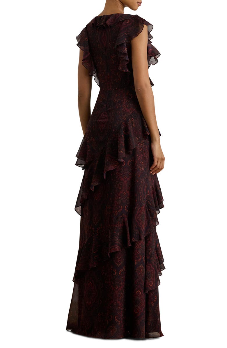 Lauren Ralph Lauren Paisley Tiered Ruffle Trim Gown, Alternate, color, Dark Garnet Multi