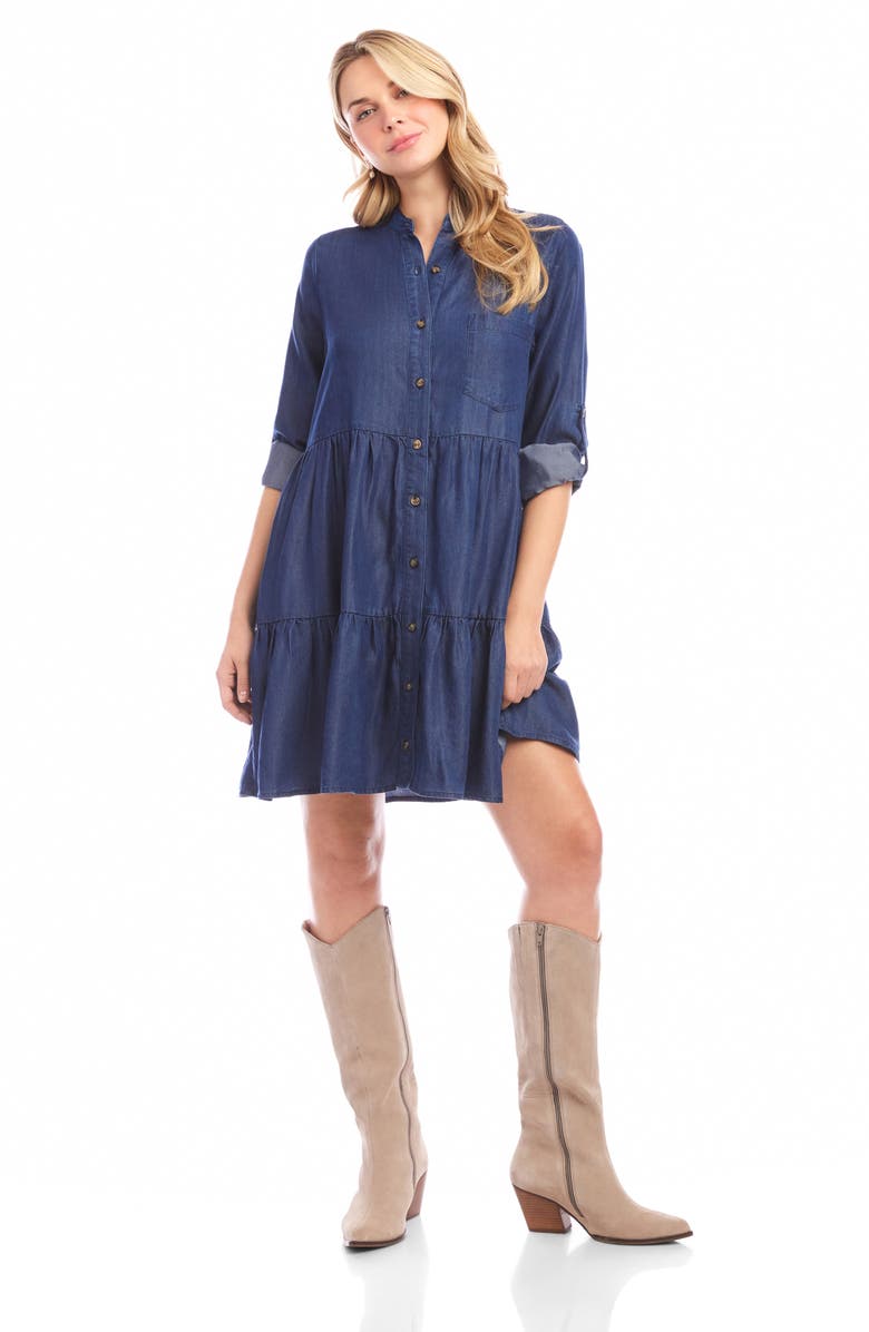 Karen Kane Tiered Denim Shirtdress, Alternate, color, Chambray Blue