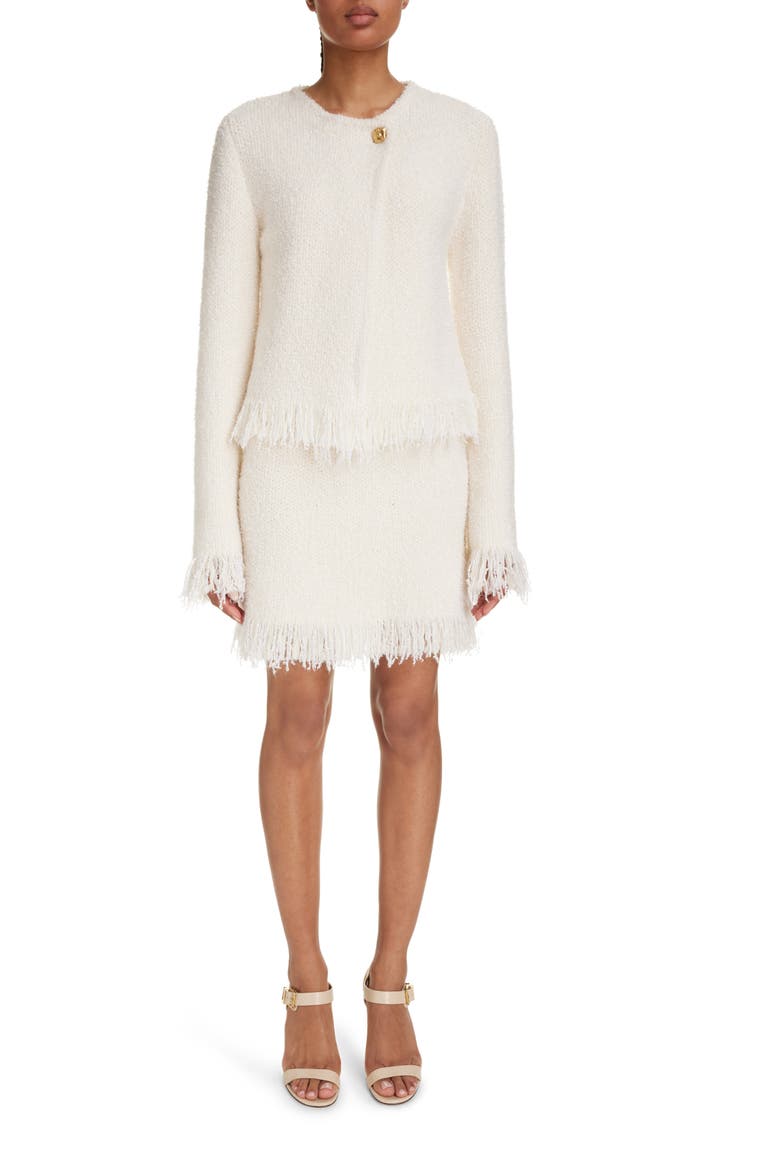 Fringe Trim A-Line Bouclé Miniskirt, Alternate, color, ICONIC MILK