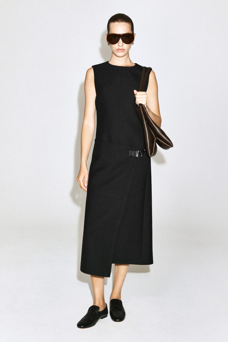 Belt-Detail Double-Faced Wool Midi Dress, Alternate, color, BLACK