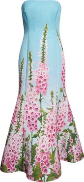 Oscar de la Renta Foxglove Print Strapless Trumpet Gown