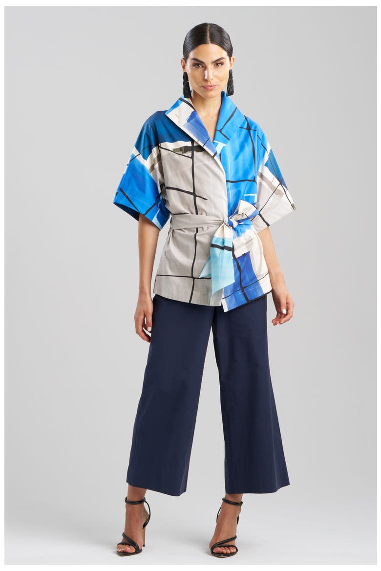 Sorairo - Printed Cotton Poplin Wrap Top, Main, color, BLUE/GREY