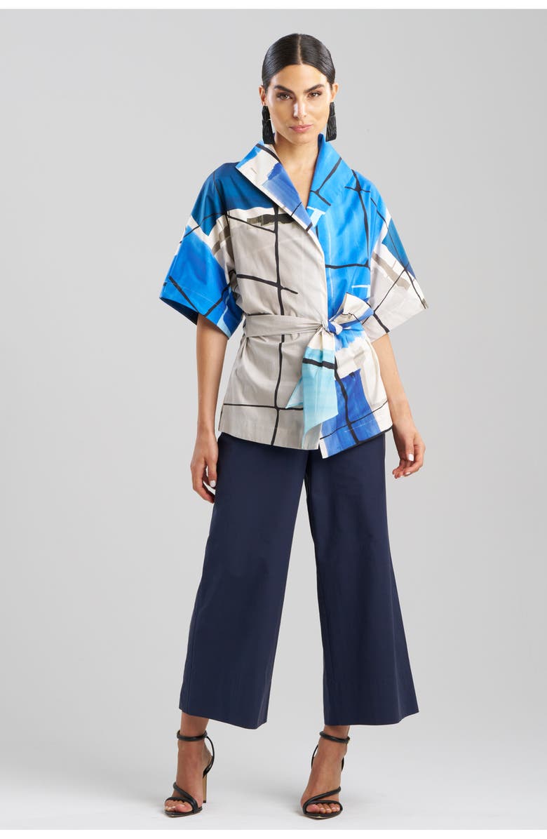 Natori Sorairo - Printed Cotton Poplin Wrap Top, Main, color, Blue/Grey