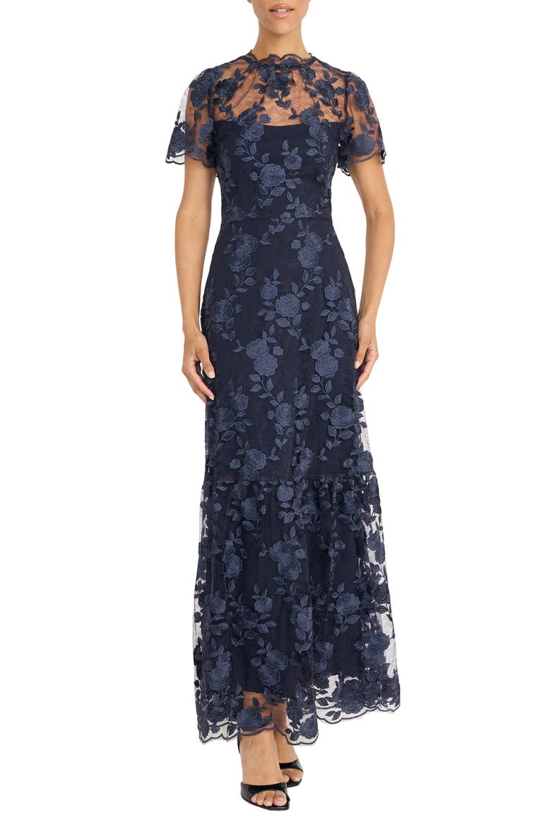 Embroidered Tiered Gown, Main, color, TWILIGHT NAVY