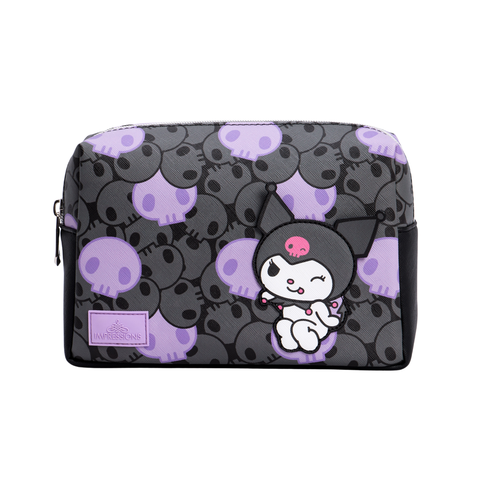 Kuromi Cosmetic Pouch - Faux Saffiano Leather, Skull Print