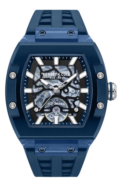 Kenneth Cole New York Skeleton Tonneau Automatic Silicone Strap Watch, 44mm X 56.2mm In Blue
