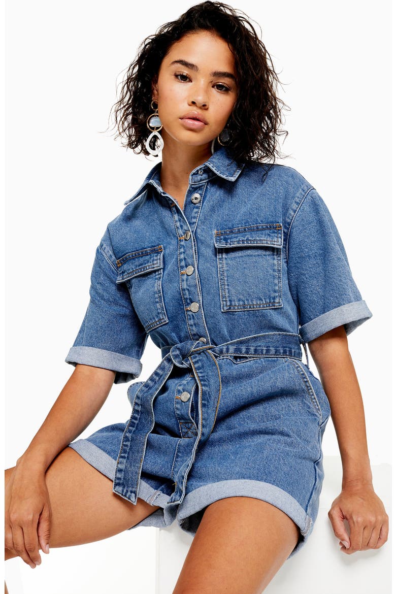 Denim Button-Down Romper, Alternate, color, MID DENIM