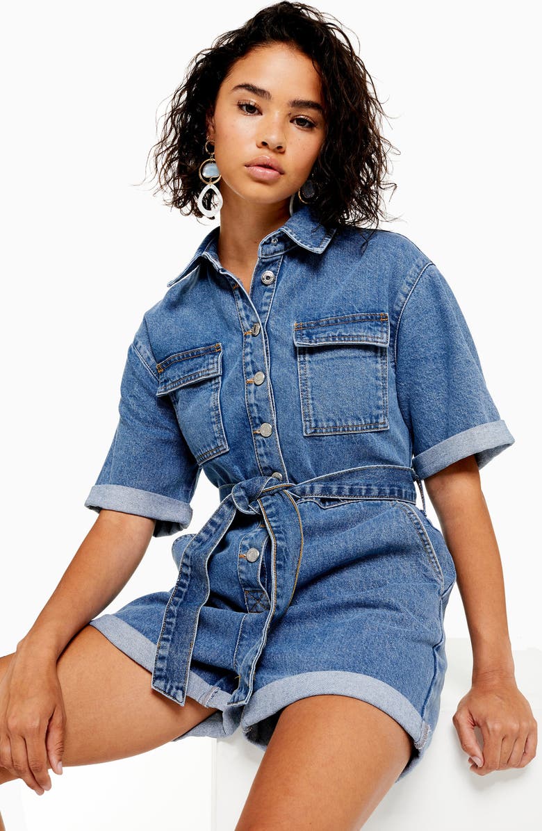 Topshop Denim Button-Down Romper, Alternate, color, 