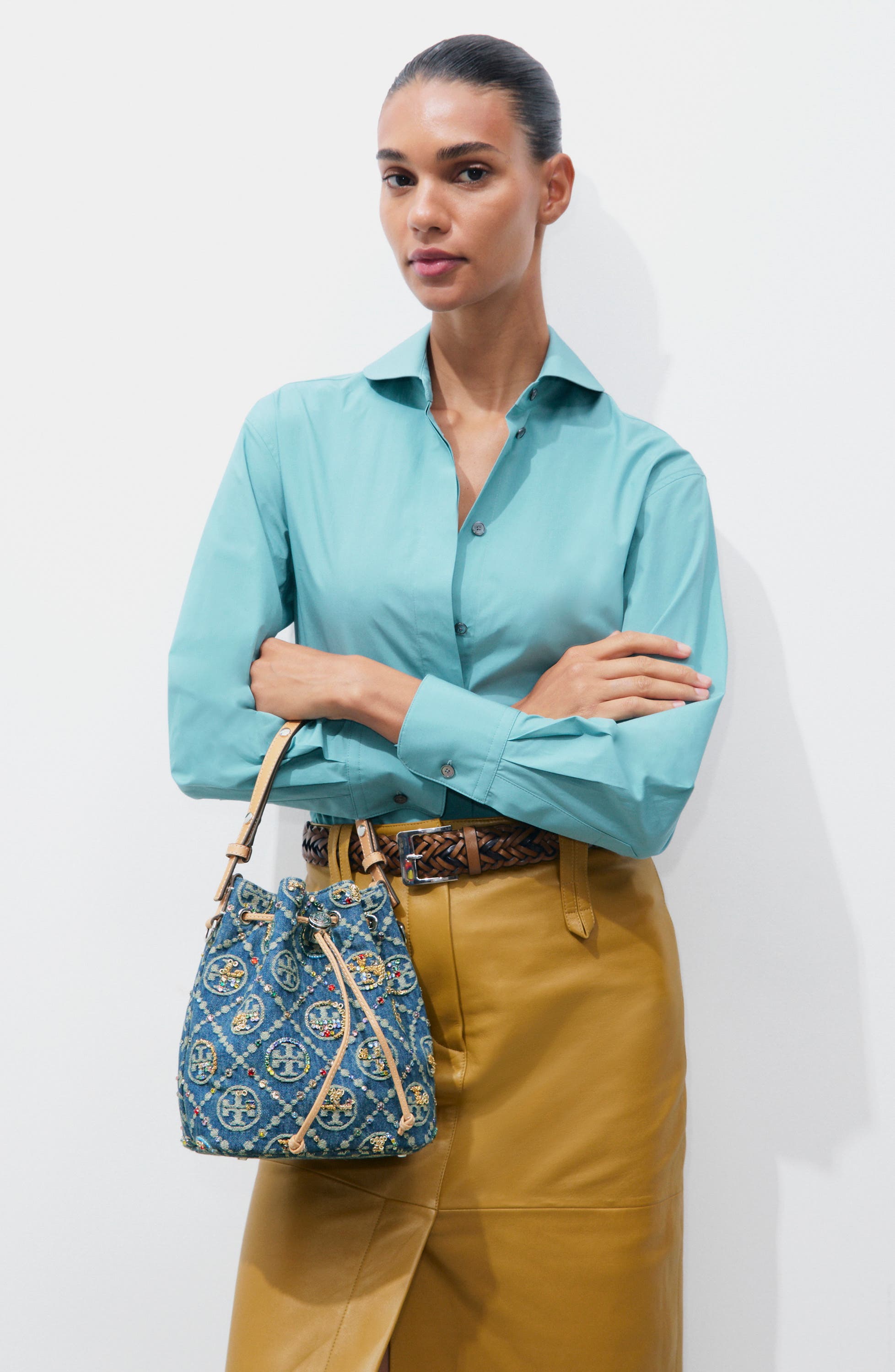 T Monogram Embellished Denim Bucket Bag, Alternate, color, BOAT HOUSE