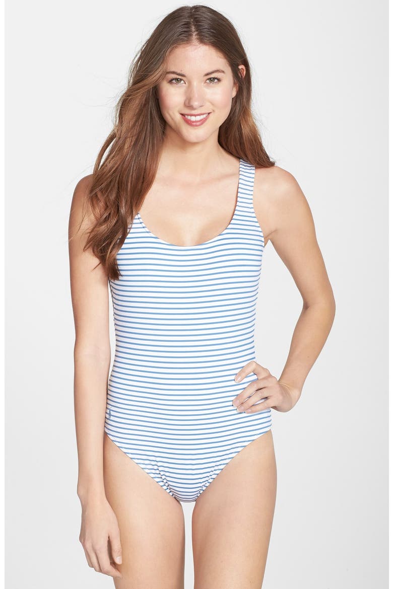 Lattice Back Stripe One-Piece Swimsuit, Alternate, color, CHAMBRAY