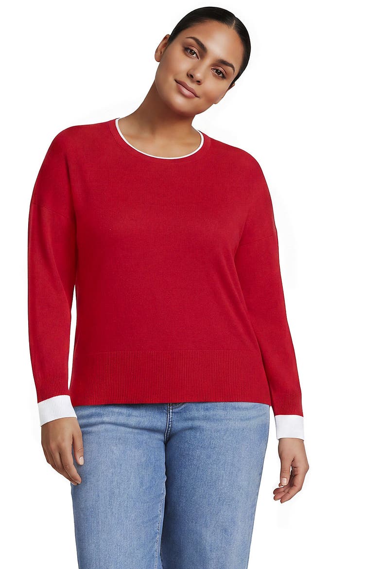 Plus Size Double Trim Cotton Crew Neck Sweater, Main, color, Compass Red/White