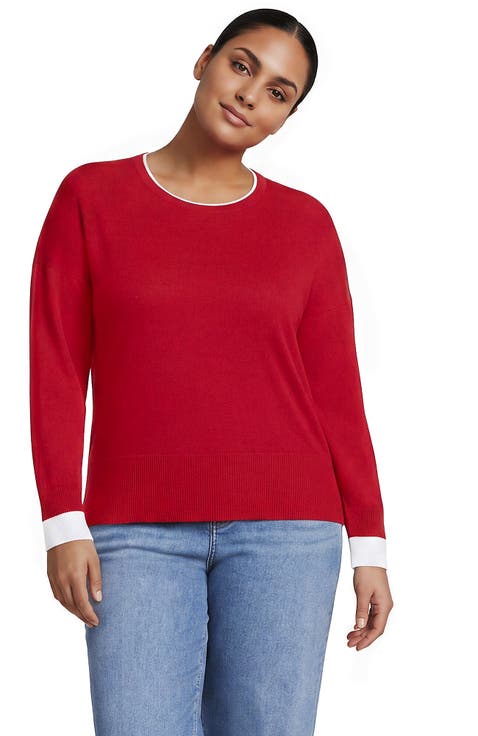 Double Trim Cotton Crew Neck Sweater