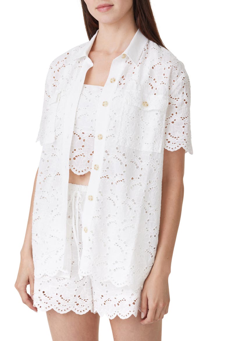 Eyelet Short Sleeve Button-Up Shirt, Alternate, color, WHITE