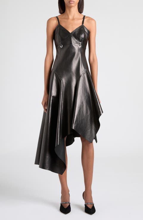 Asymmetric Draped Leather Dress