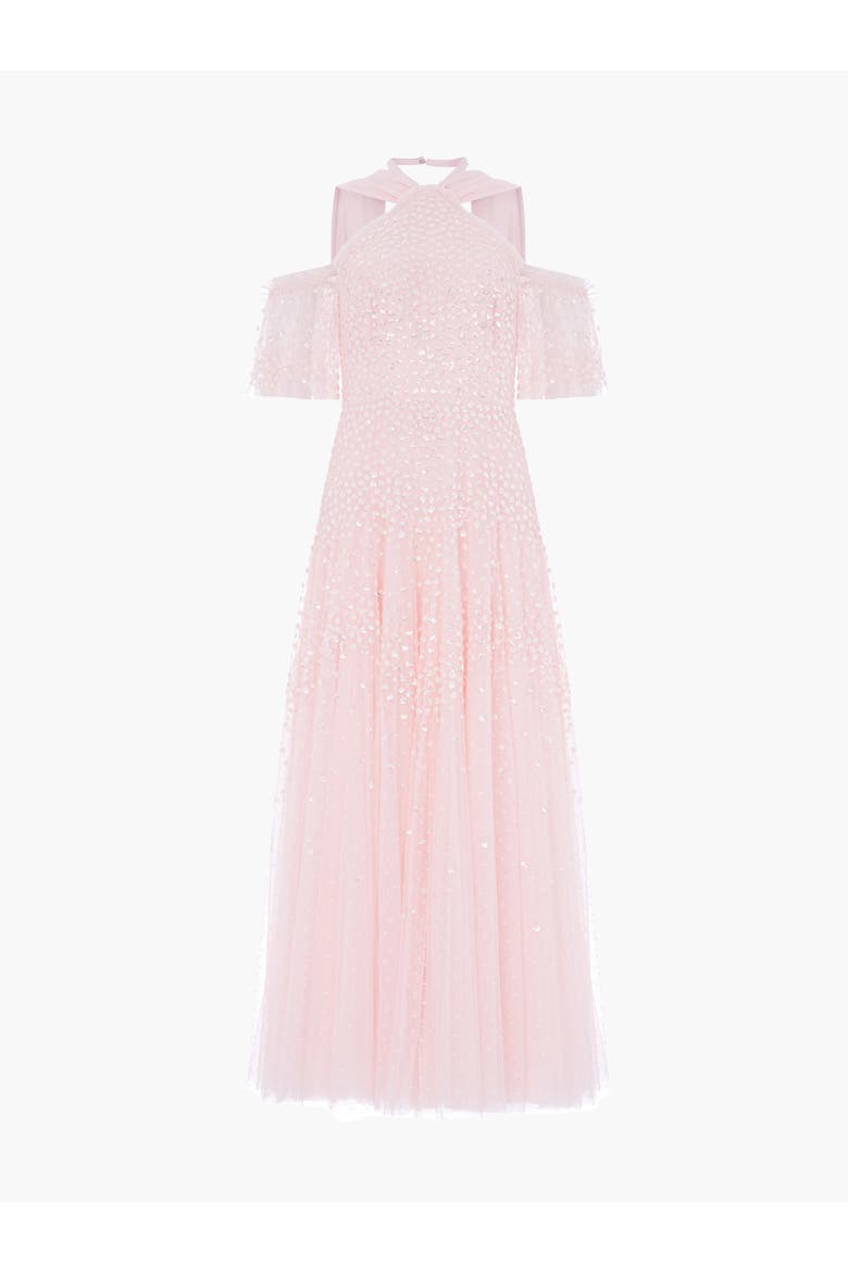 Scallop Sequin Halter-Neck Ankle Gown, Alternate, color, Seashell